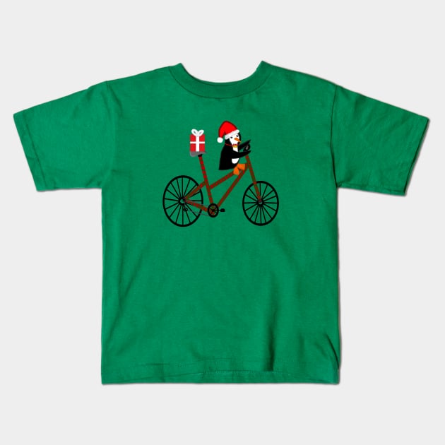 Christmas Penguin On A Bicycle Kids T-Shirt by CatGirl101